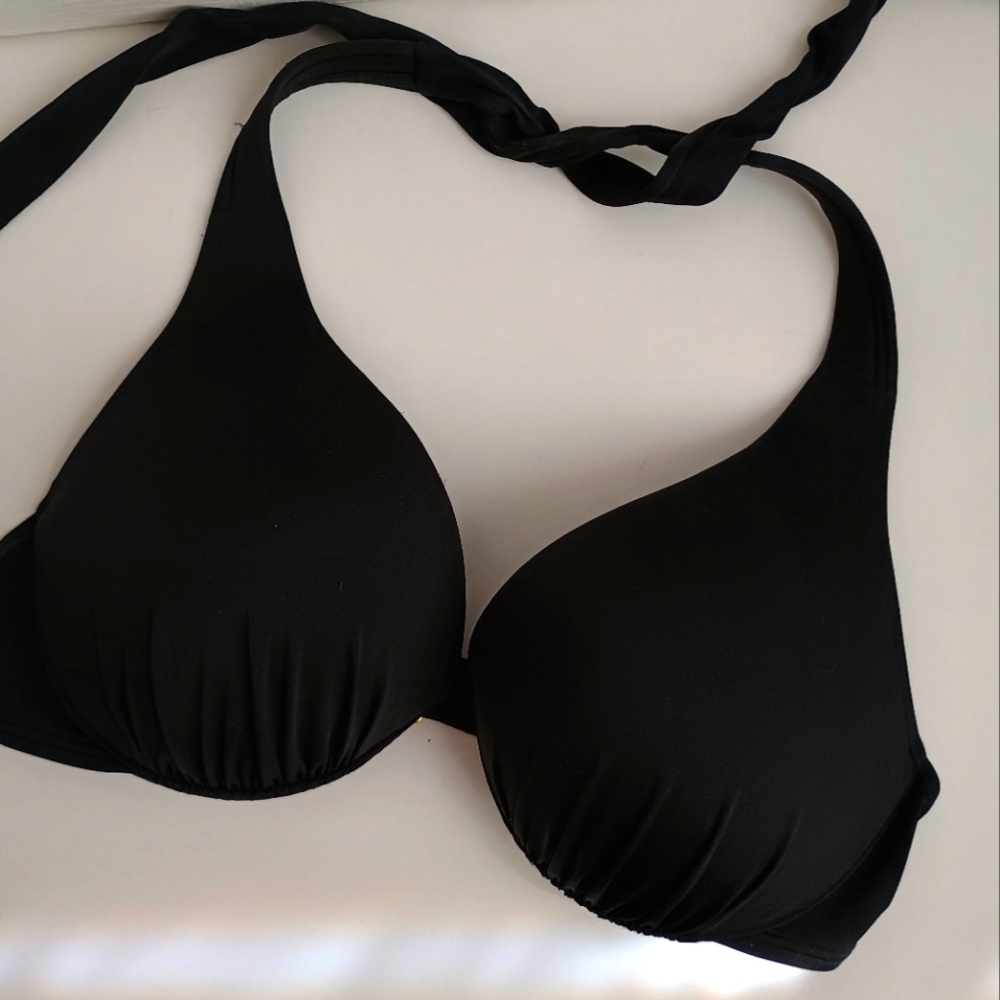 Victoria's Secret 36D Black Plunge Full Coverage Swimsuit Top Push Up VS Y2K